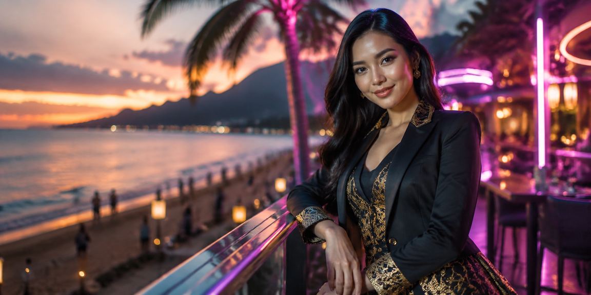 Ilustrasi bonus deposit dengan latar pantai tropis dan tampilan layar promosi