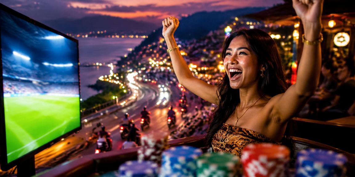Lampu neon casino yang semarak menampilkan suasana hiburan malam