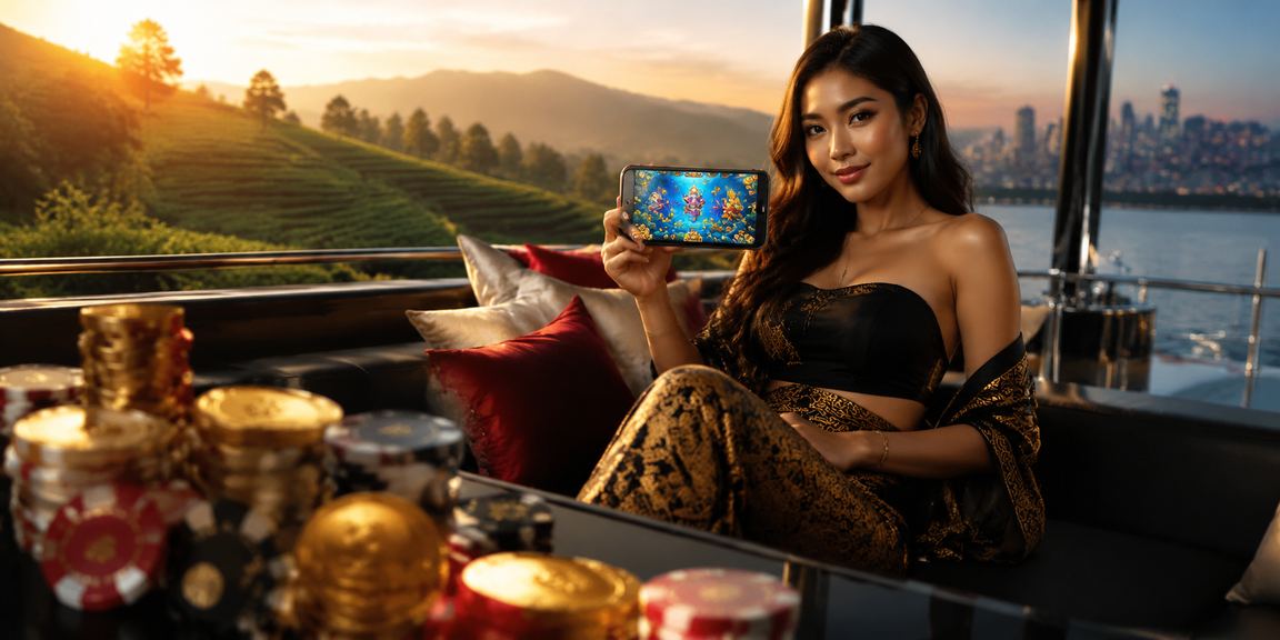 Model bermain game tembak ikan di layar ponsel dengan ekspresi antusias